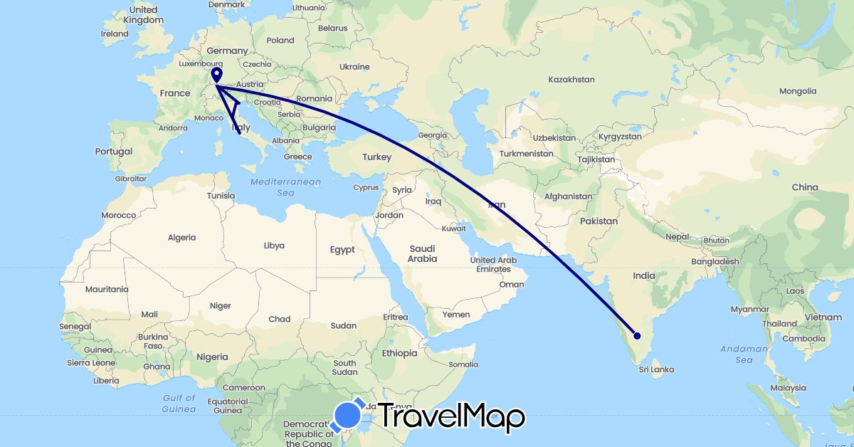 TravelMap itinerary: driving in Switzerland, India, Italy, Vatican City (Asia, Europe)